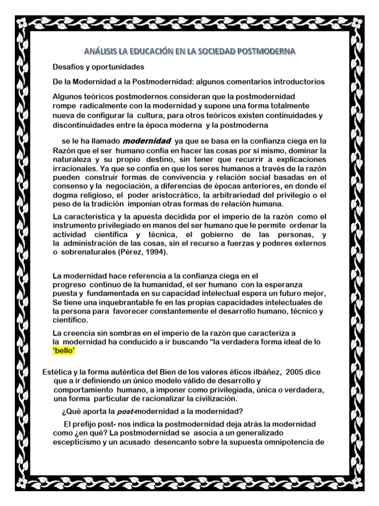 Análisis La Educación en La Sociedad Postmoderna | PDF | Ciencias sociales