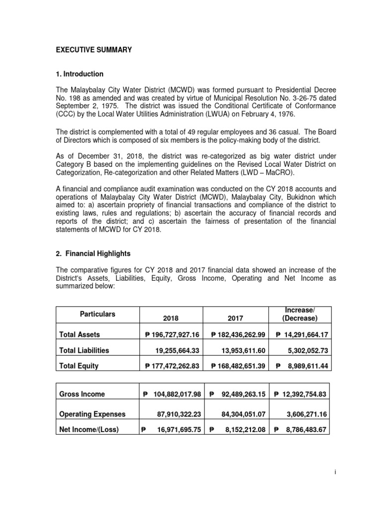 MalaybalayCityWaterDistrictExecutiveSummary2018 PDF
