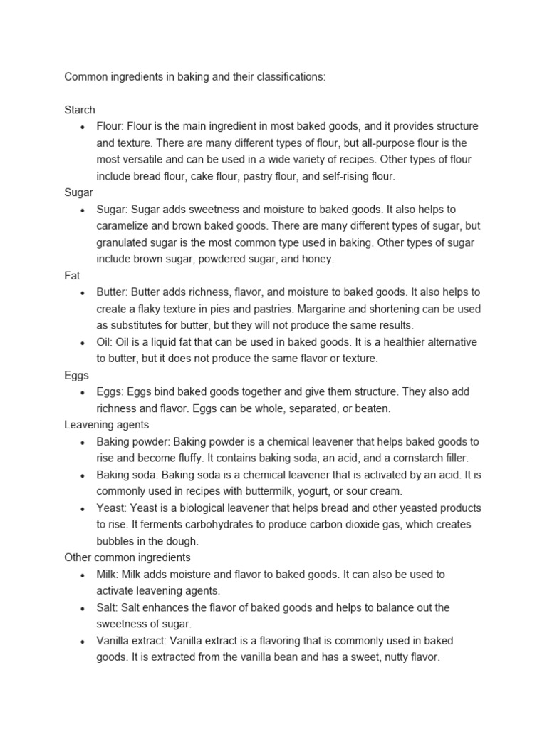 Common Ingredients in Baking and Their Classifications PDF Baking