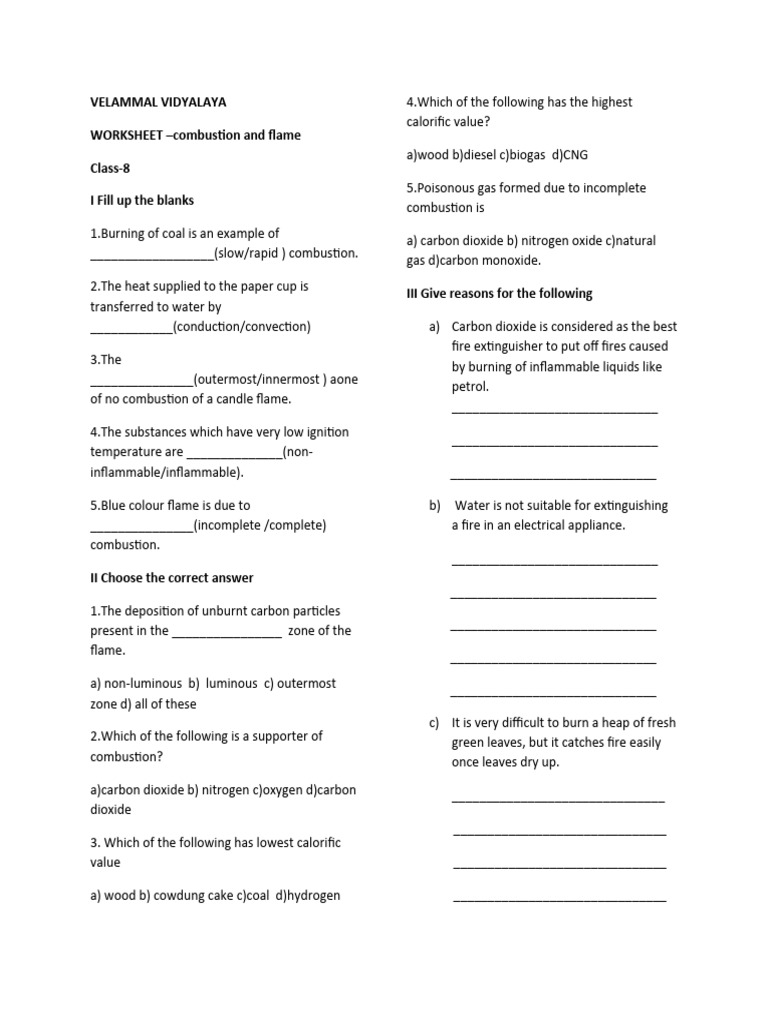 Eight Worksheet Combustion and Flame PDF Combustion Fires