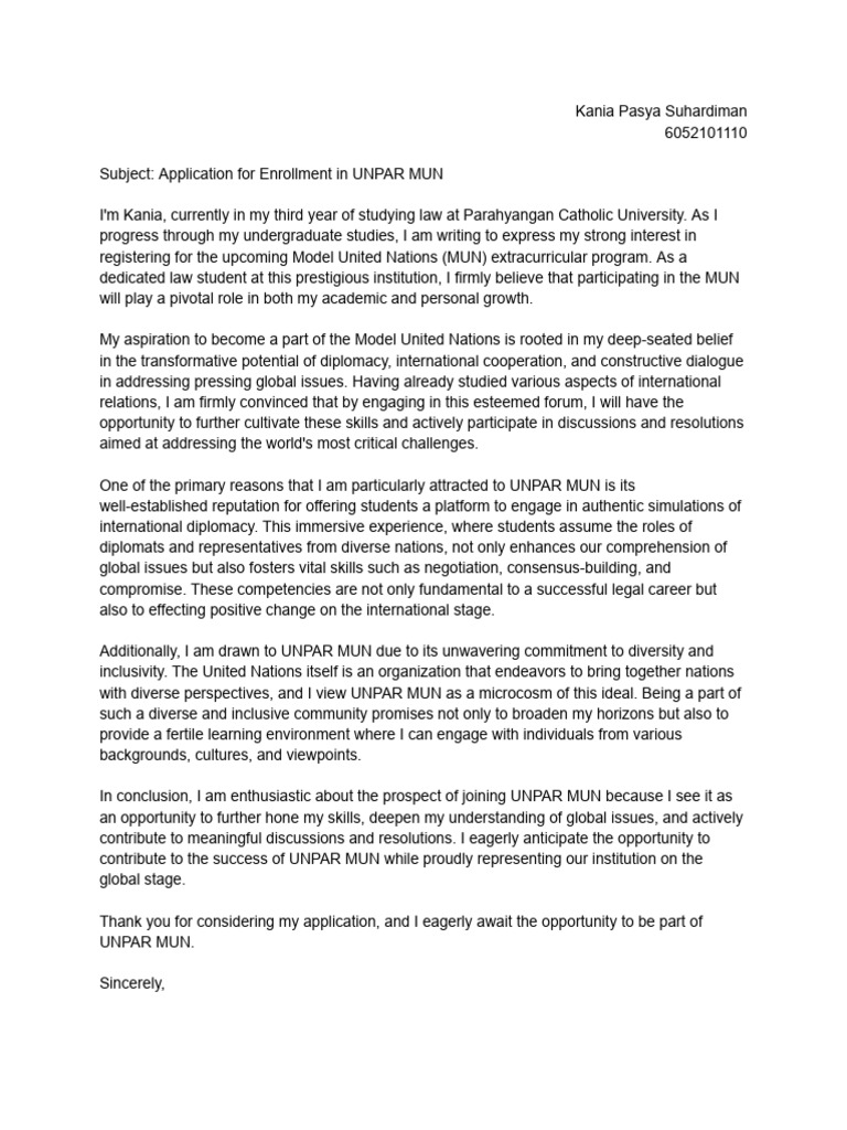 Subject - Application For Enrollment in UNPAR MUN | PDF | Cognition