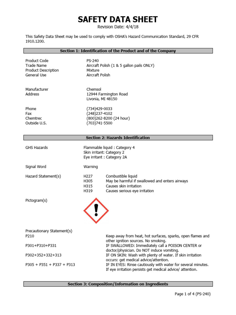 NEW PS 240 Chemsol Aircraft Polish 4.4.18 SDS | PDF | Combustion | Water