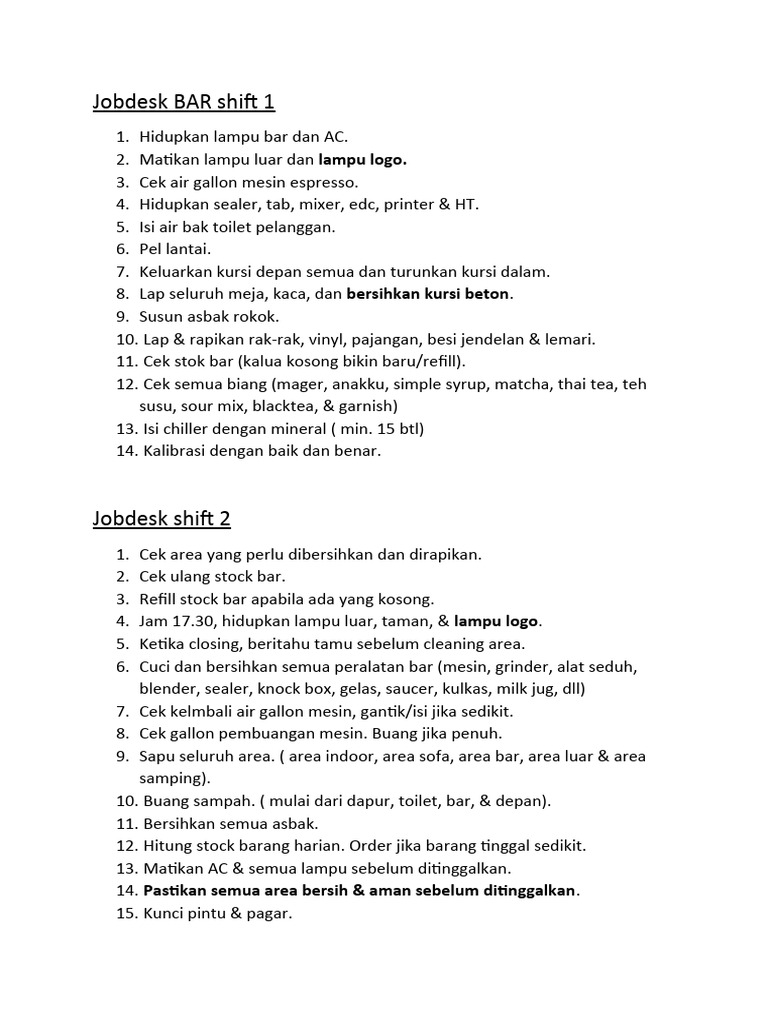 Jobdesk Staf Cafe dan Kitchen | PDF