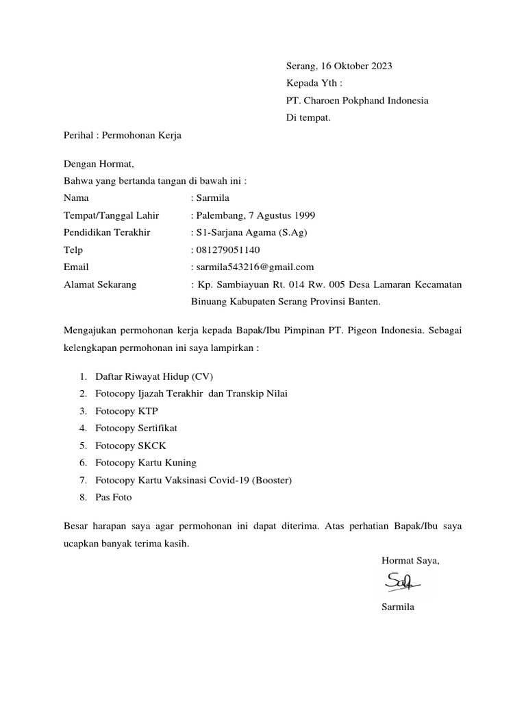 Surat Lamaran Kerja (PT. Pokphand) (1) | PDF