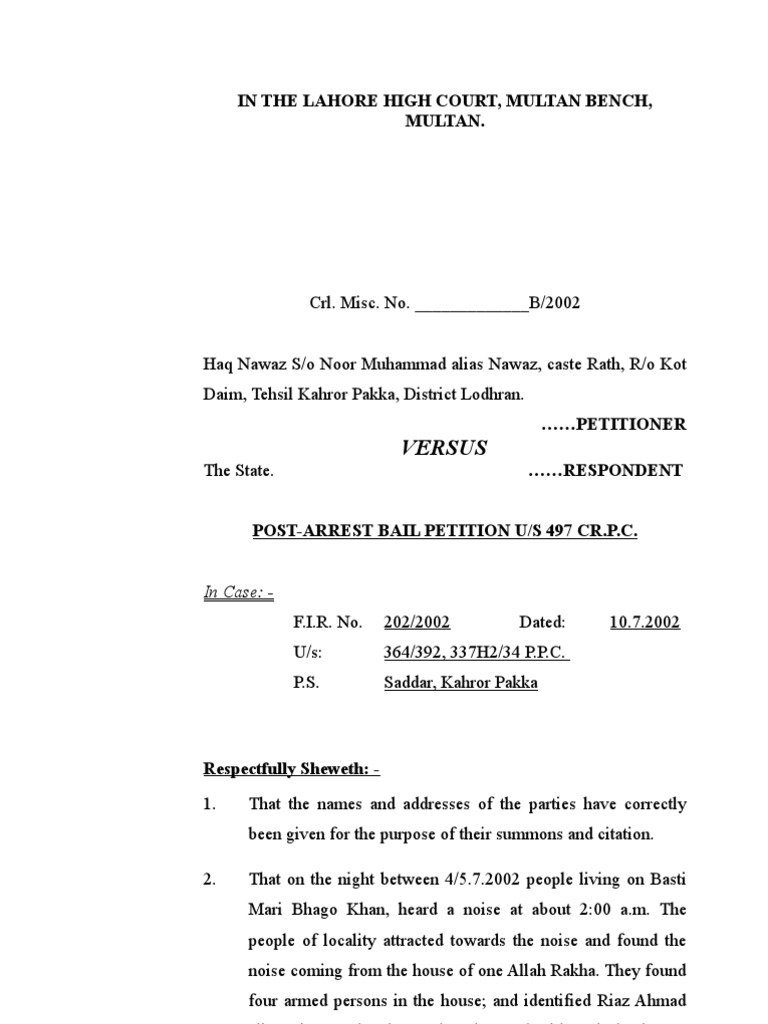 Post-Arrest Bail Petition for Haq Nawaz | PDF | Bail | Public Law
