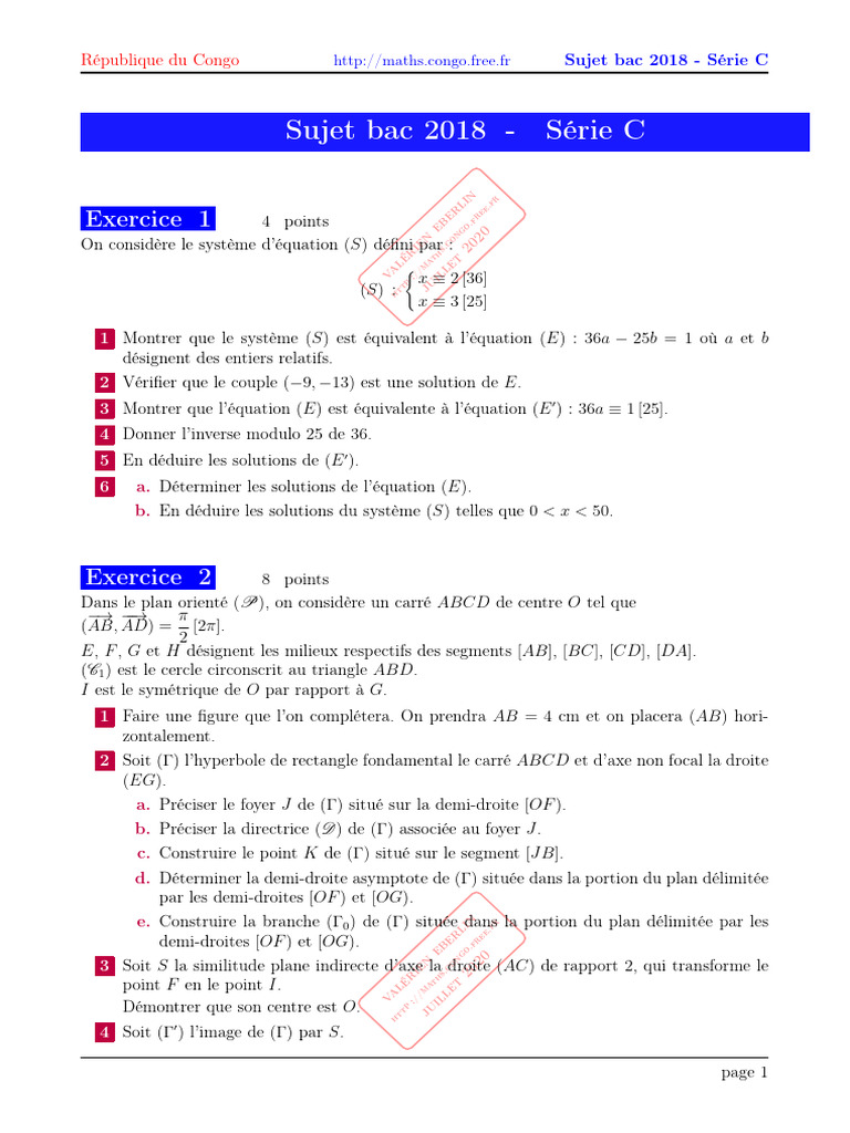 Mathématiques Bac Série C 2018 | PDF
