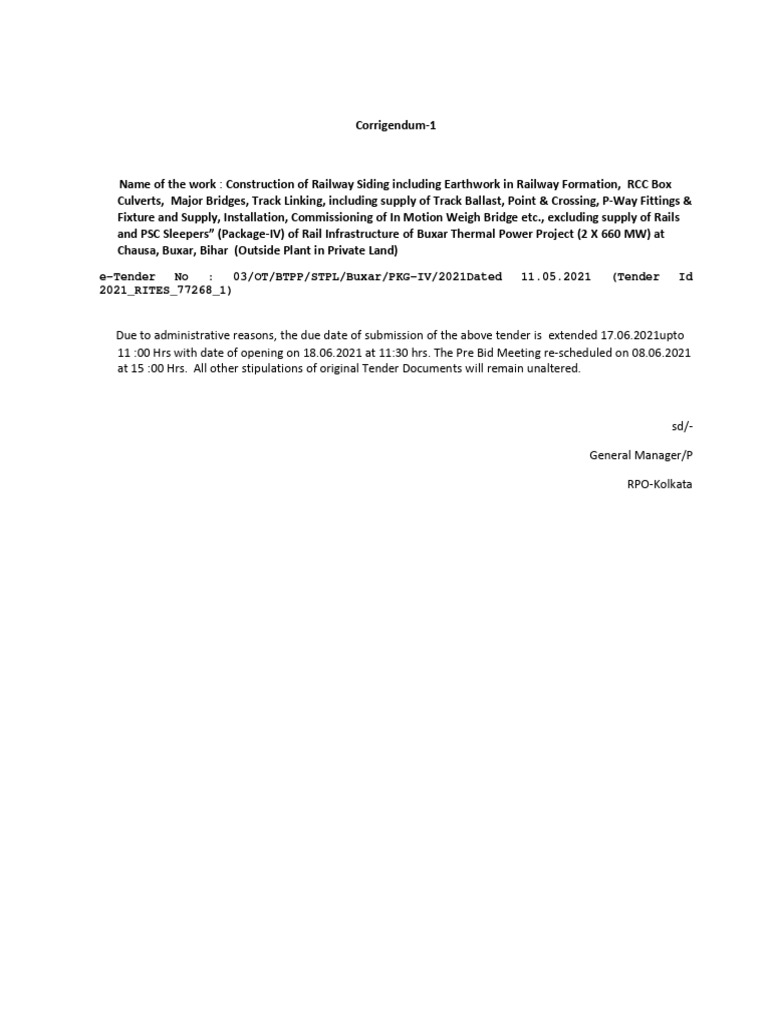 Buxar Railway Tender Extension Notice | PDF
