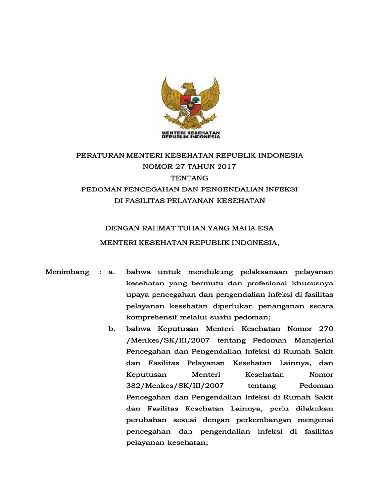 PDF Permenkes Nomor 27 Tahun 2017 Tentang Pedoman Ppi Di Fasyankes PDF