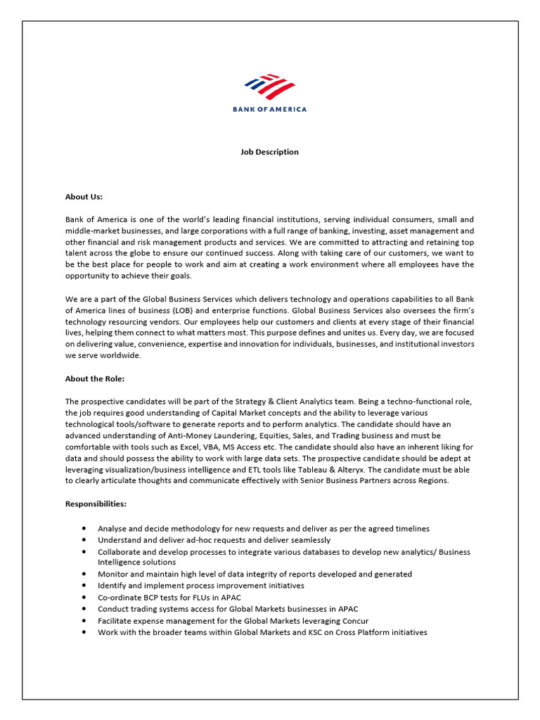 Bank of America - Analyst S&CA | PDF | Career & Growth | Business