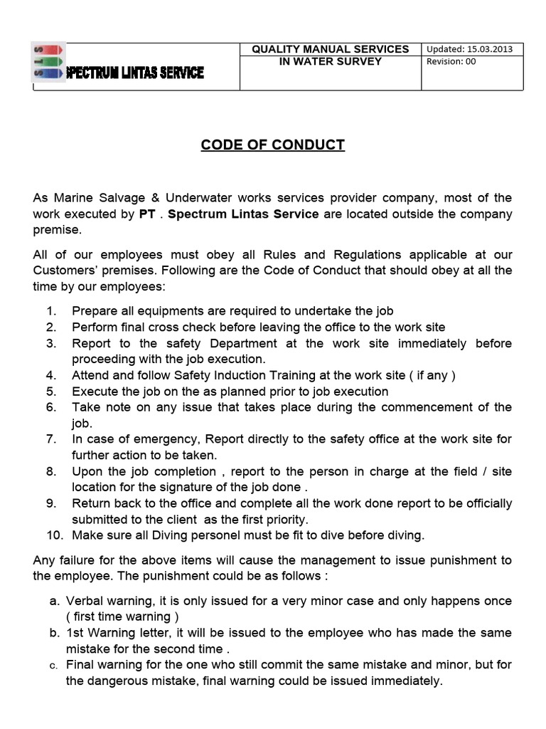 Code of Conduct Quality Manual Services in Water Survey PDF Scuba