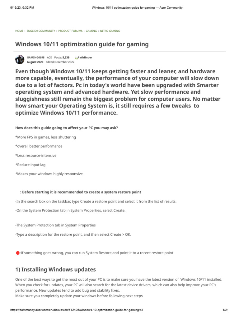 Windows 10 11 optimization guide for gaming acer community pdf
