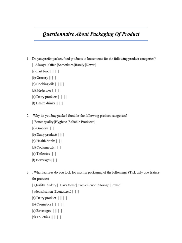 Questionnaire About Packaging of Product PDF Grocery Store Brand