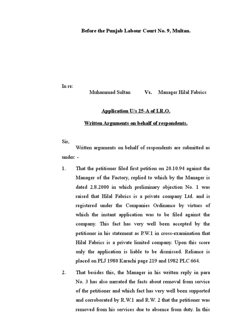 Before The Punjab Labour Court No. 9, Multan | PDF | Virtue | Social ...