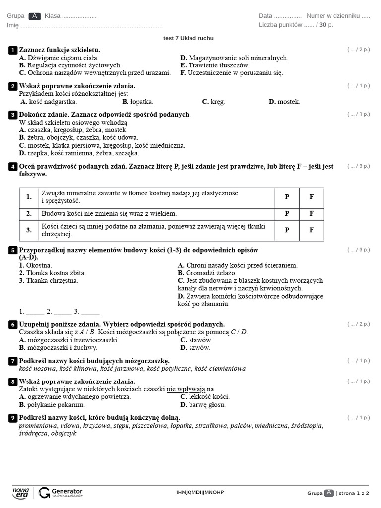 Sprawdzian Jak Opisujemy Ruch Klasa 7 Test 7 Układ Ruchu Test (Z Widoczną Punktacją) - 2 | PDF