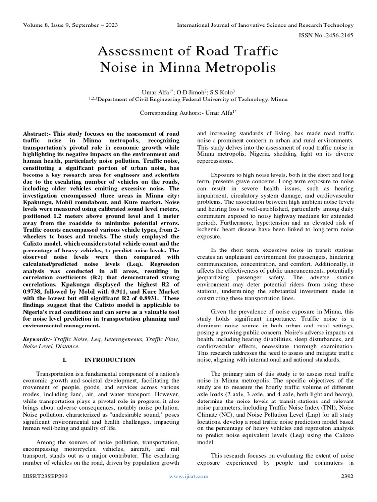 Assessment of Road Traffic Noise in Minna Metropolis | PDF | Transport ...