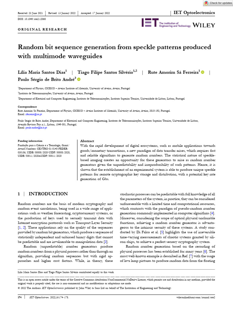 IET Optoelectronics 2022 Dias PDF Randomness Applied Mathematics