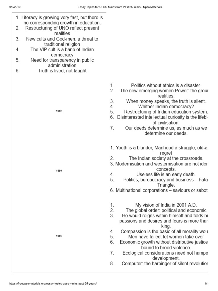 Essay Topics For UPSC Mains From Past 25 Years Upsc Materials PDF