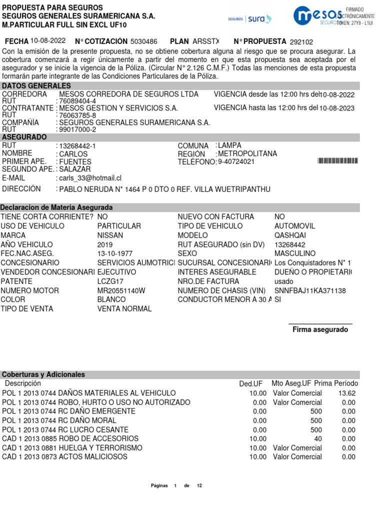Propuesta de Seguro para Vehículo Nissan | PDF | Póliza de seguros | Seguro