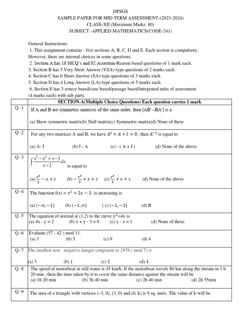 Sample paper mt 12 applied maths 2023 24 pdf matrix