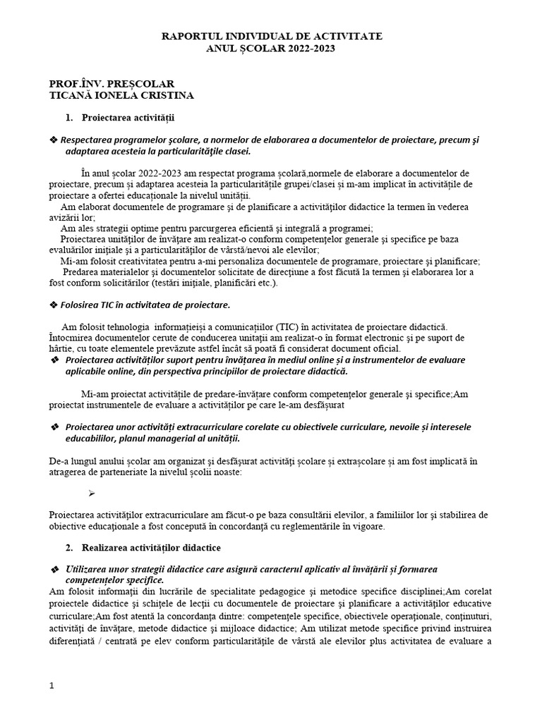 Raport Autoevaluare Educatoare | PDF