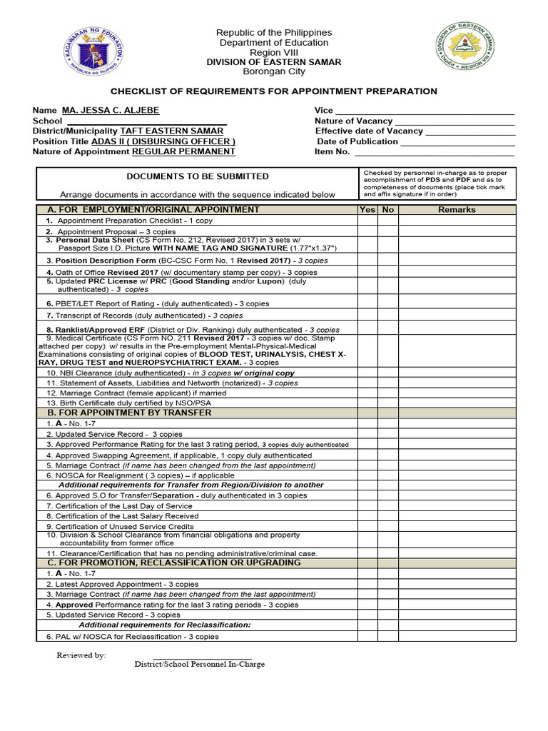 Appointment Processing Checklist Pdf
