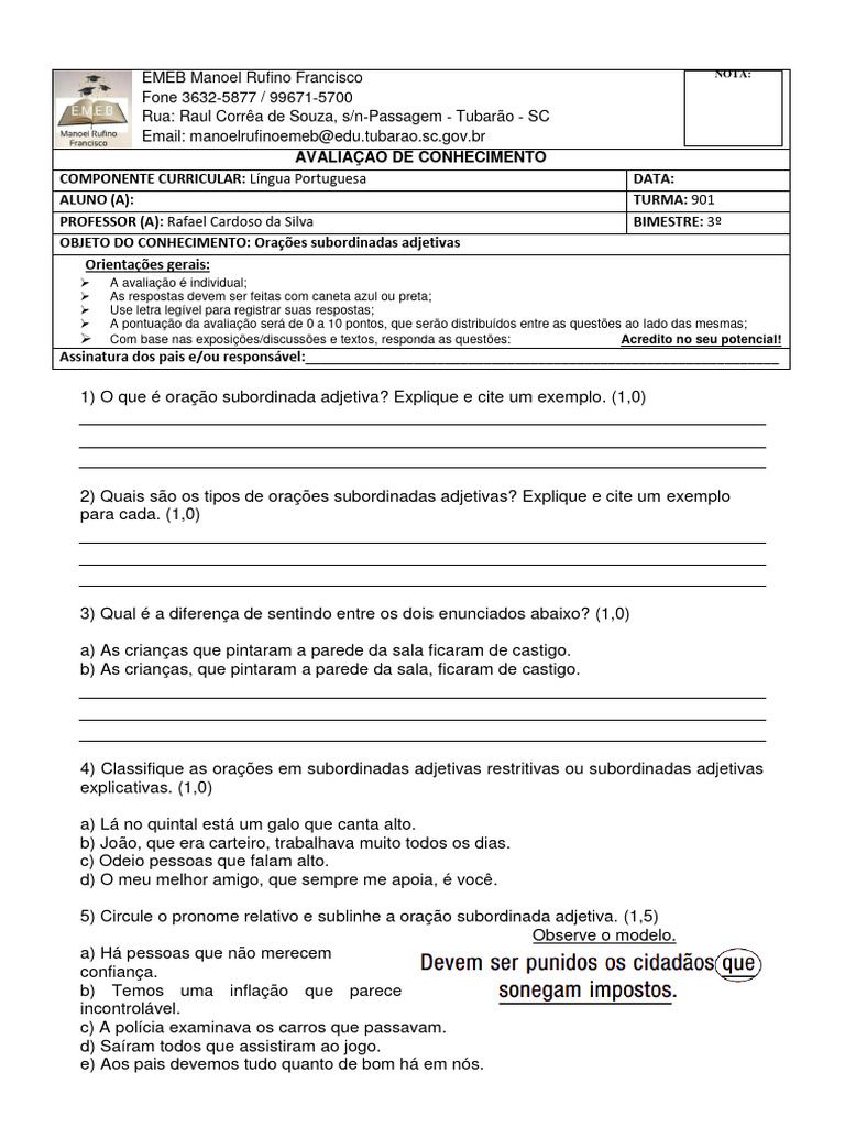 Atividades sobre Orações Subordinadas Adjetivas | PDF