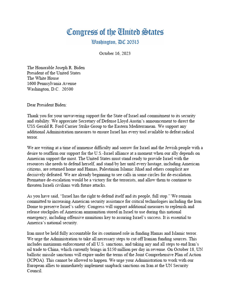 Bipartisan Letter To President Joe Biden About Israel, Hamas, and Iran ...
