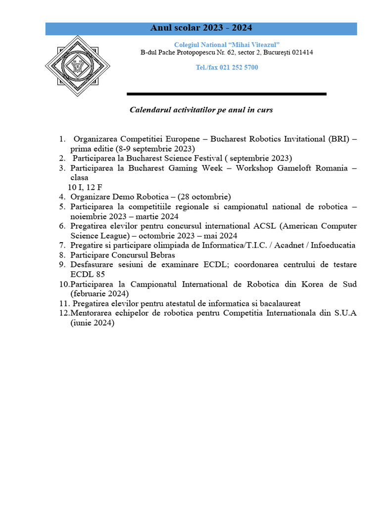 Anul Scolar 2023 2025 Calendarul Activitatilor Pe Anul in Curs PDF