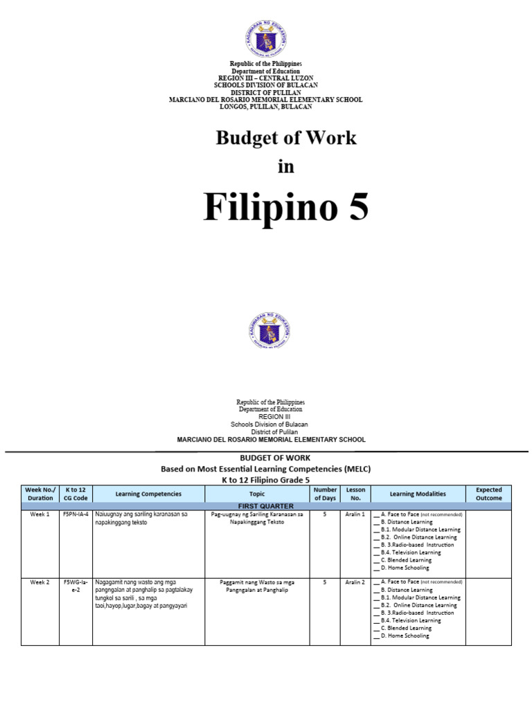 Budget of Work for Filipino 5 | PDF