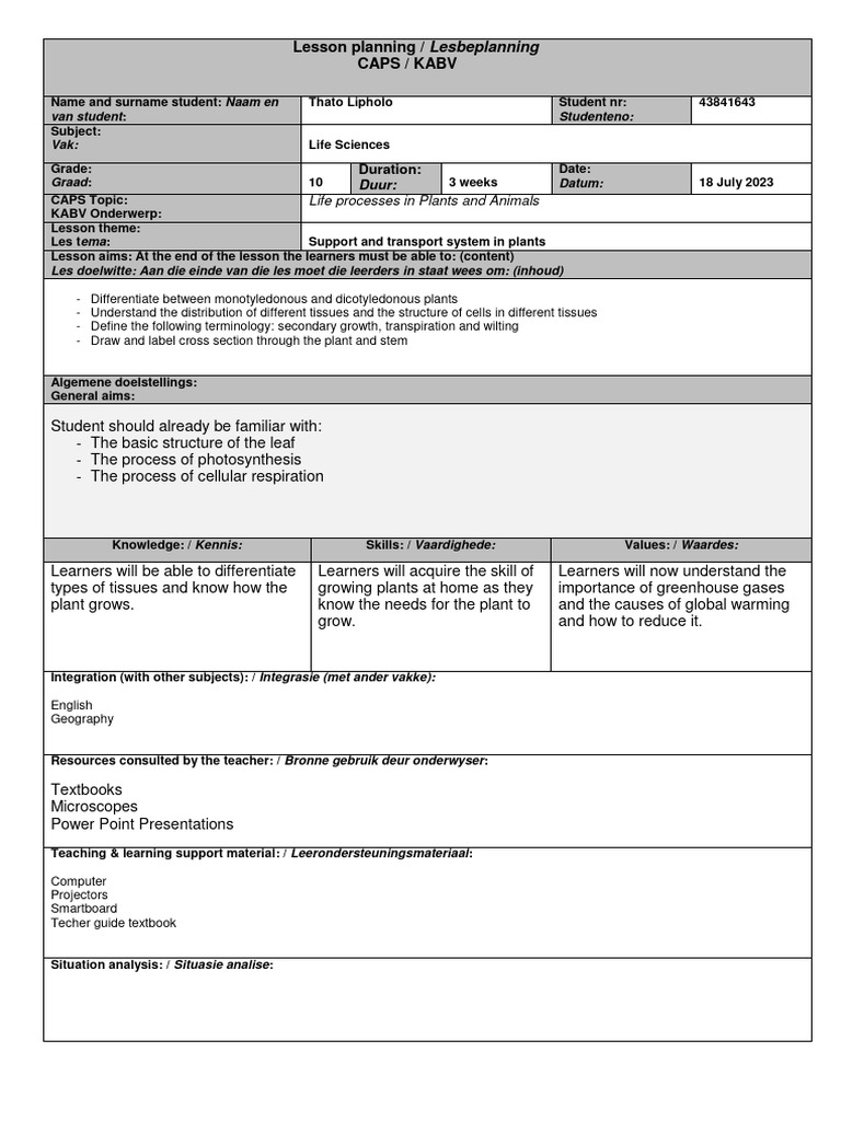 Breinkaart Template for Life Sciences Lesson | PDF | Tissue (Biology ...