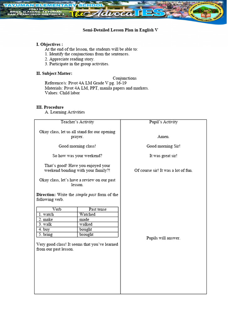 Lesson Plan Conjunctions PDF