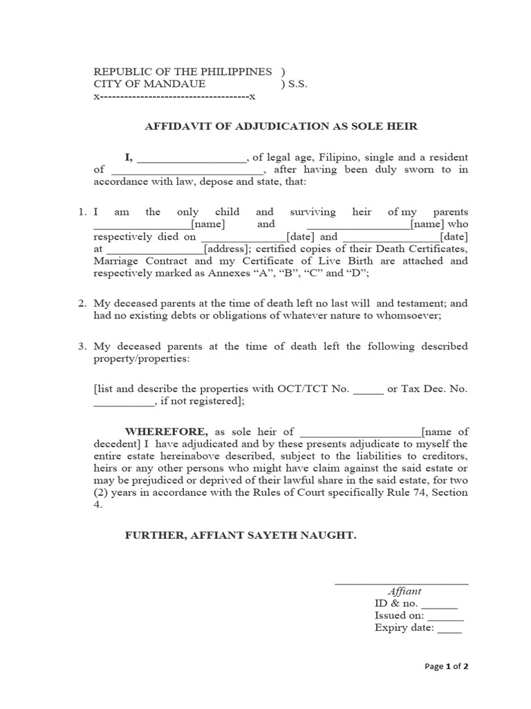 Affidavit of Adjudication As Sole Heir PDF