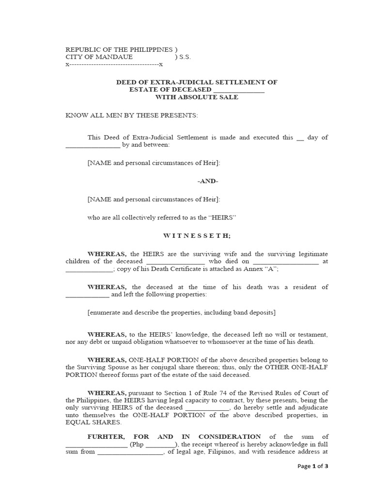 ExtraJudicial Settlement of Estate With Absolute Sale PDF Deed