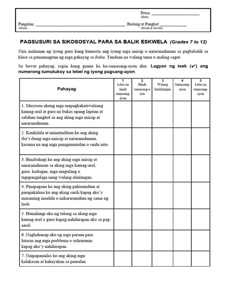 Psychosocial Evaluation Guide For Grade 7 12 PDF