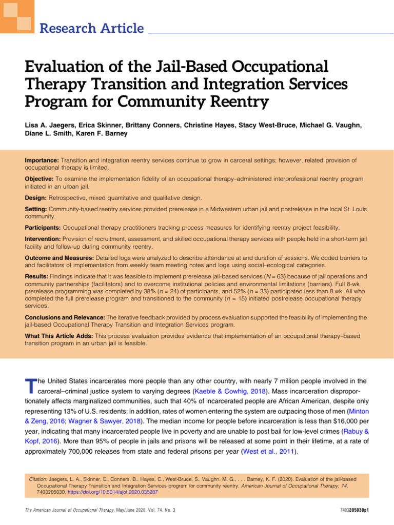 Jail-Based Occupational Therapy for Reentry | PDF