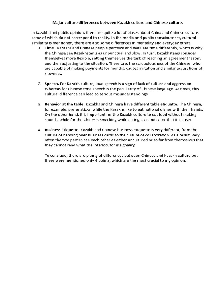Major Culture Differences Between Kazakh Culture and Chinese Culture | PDF