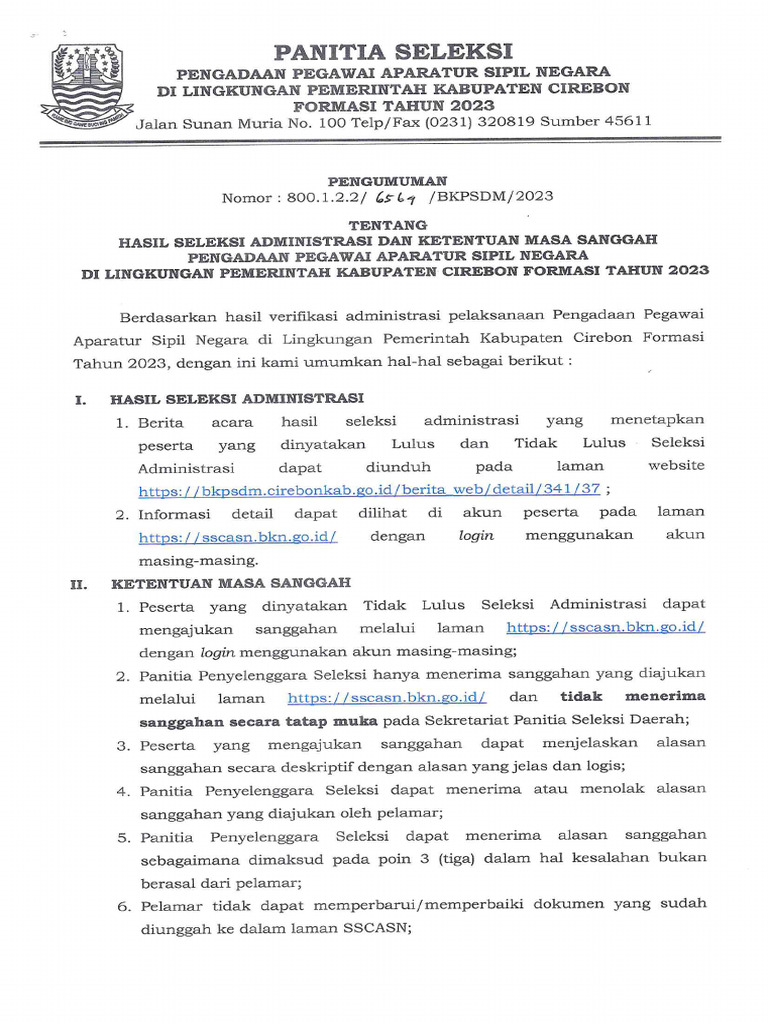 Fix Pengumuman Hasil Seleksi Administrasi Tahun 2023 | PDF