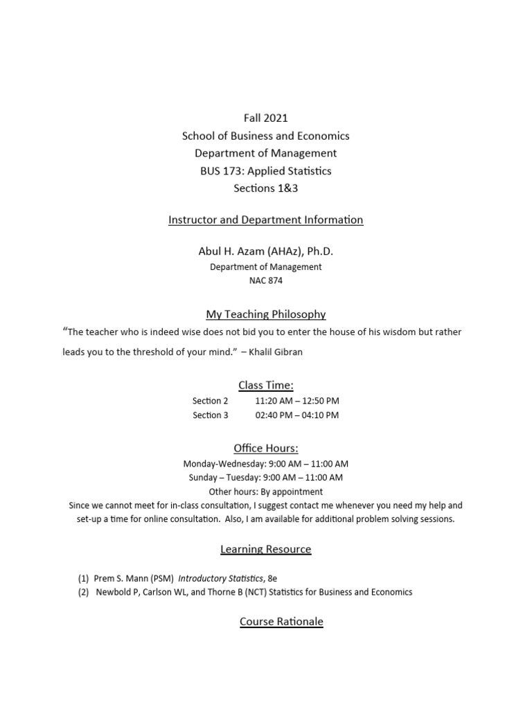 Course Outline BUS 173 Applied Statistics NSU PDF Statistics