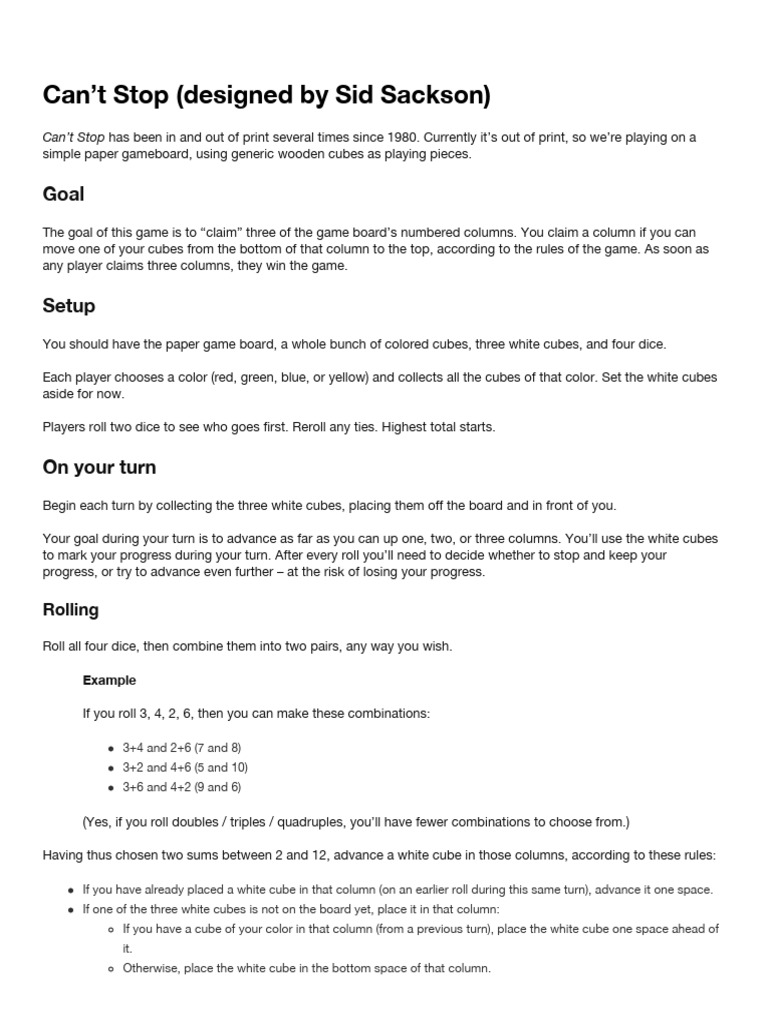 Cant Stop Rules Pdf Gaming Tabletop Games