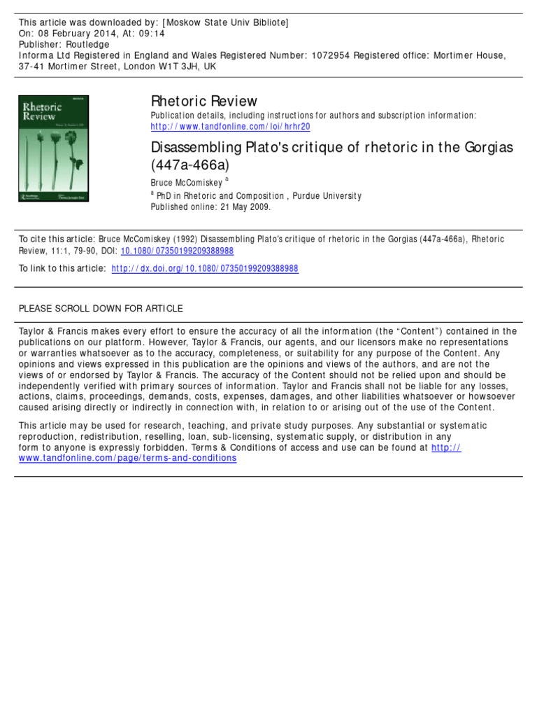 Disassembling Plato S Critique Of Rhetoric In The Gorgias Pdf