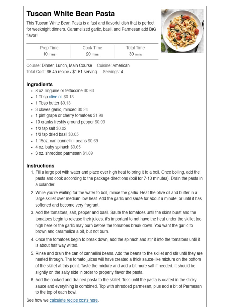 Easy Tuscan White Bean Pasta Recipe | PDF | Pasta | Italian Cuisine
