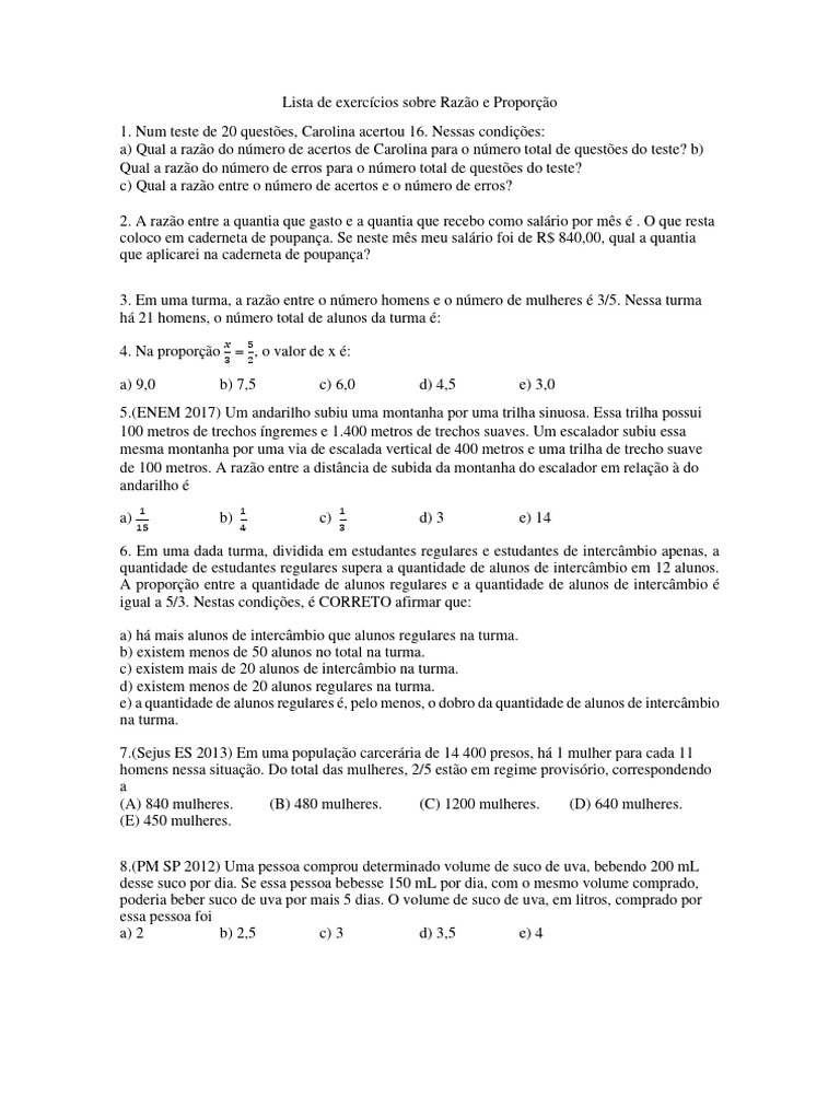 Lista de Exercícios Sobre Razão e Proporção | PDF