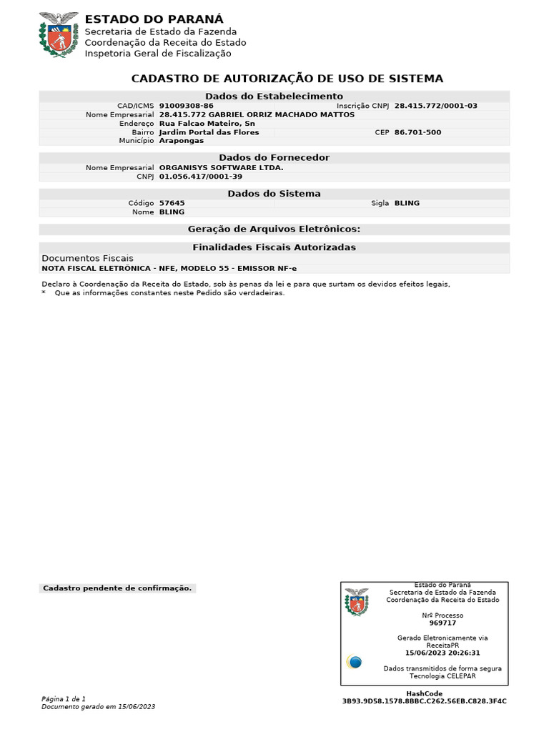Cadastro de Uso do Sistema BLING | PDF