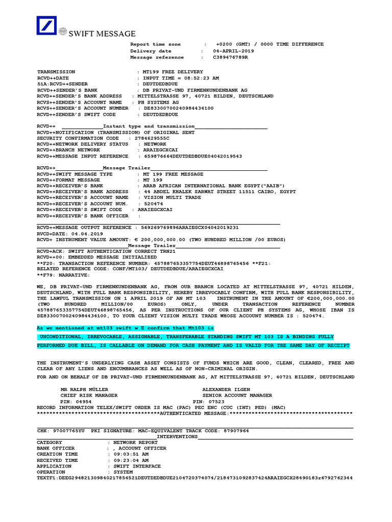 SWIFT MT199 Message Report 2019 | PDF | Payments | Service Industries