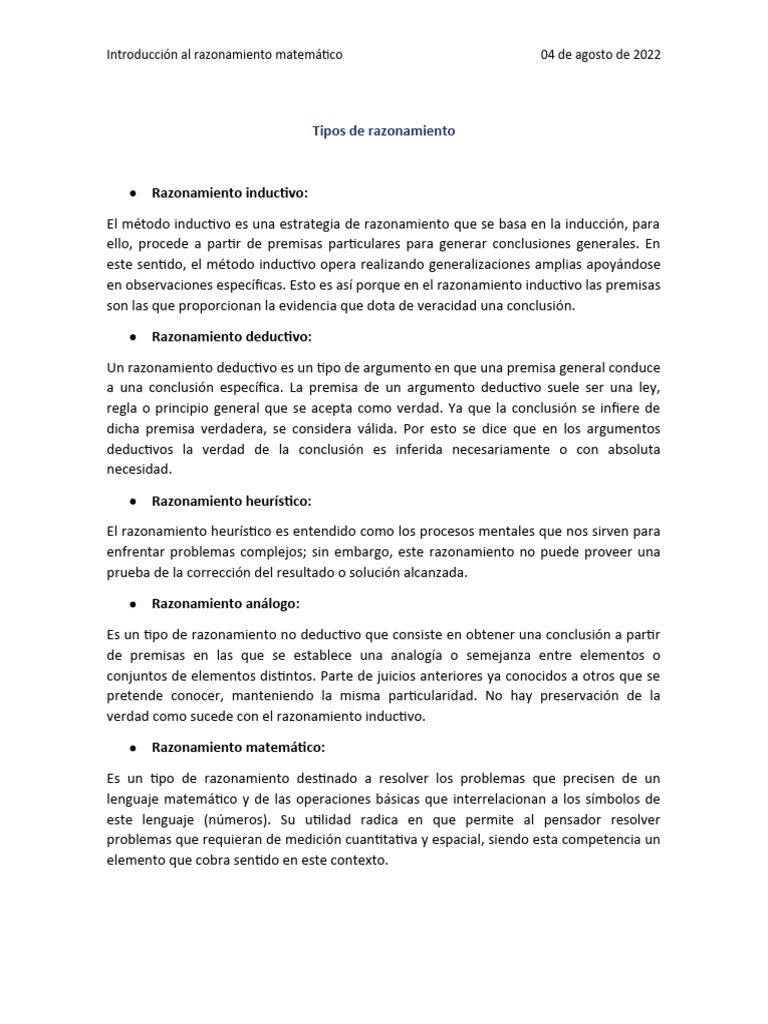 Tipos de Razonamiento | PDF | Razonamiento deductivo | Razonamiento ...