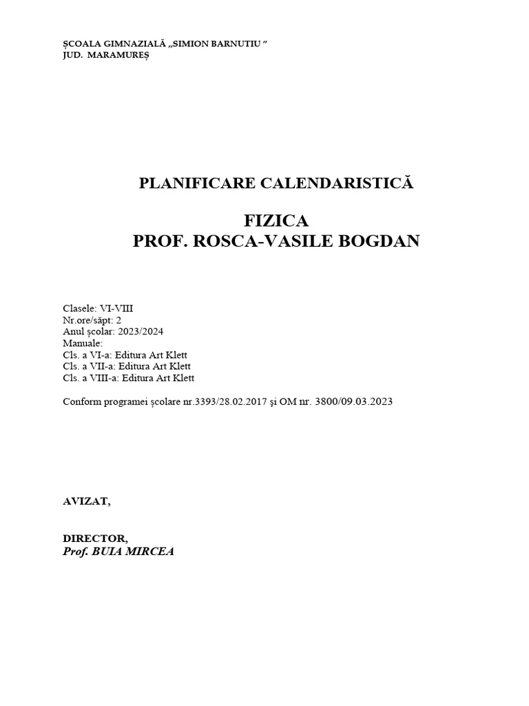 Planificari Fizica Vi 20232024 Simion Barnutiu PDF