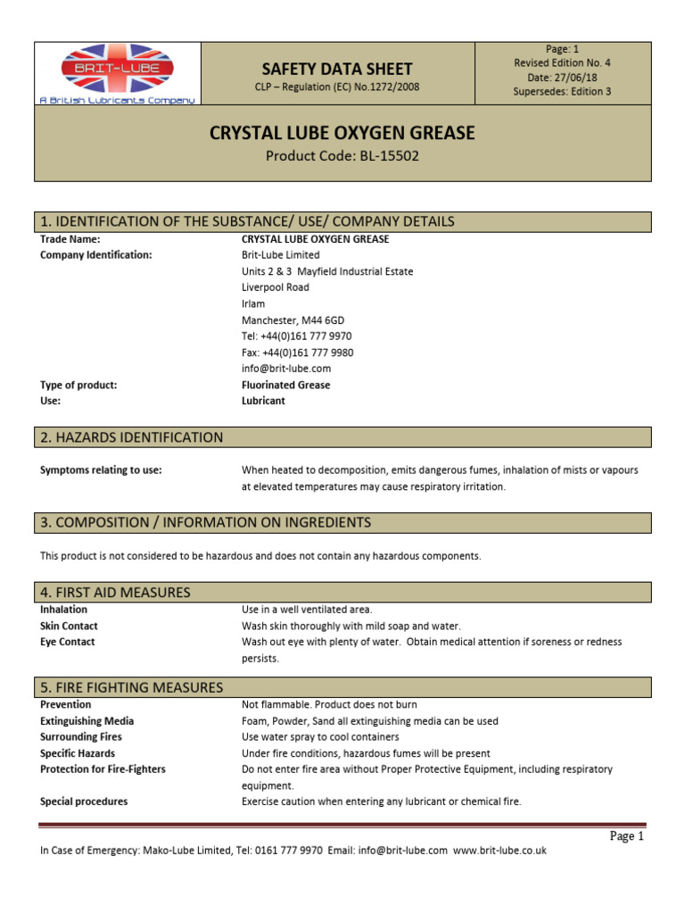 BL15502 Ultra Tek Crystal Lube Oxygen Grease SDS PDF Water