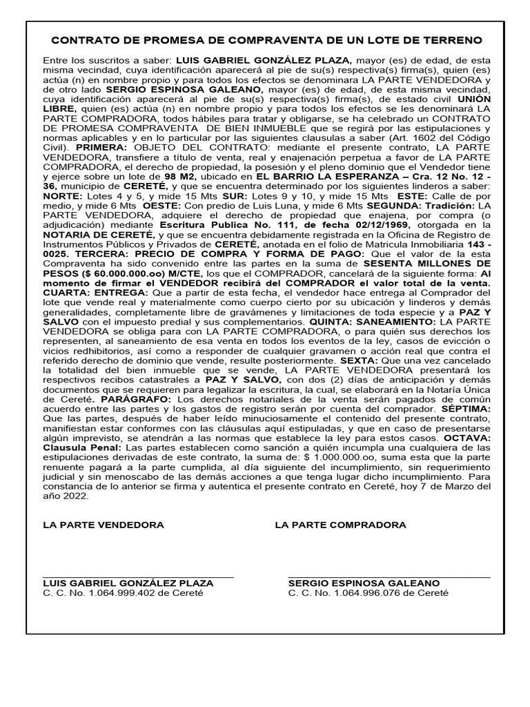 Contrato de Promesa de Compraventa Inmueble | PDF | Justicia | Crimen y ...