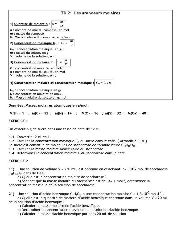 Masse molaire et concentrations de solutions | PDF | Concentration ...