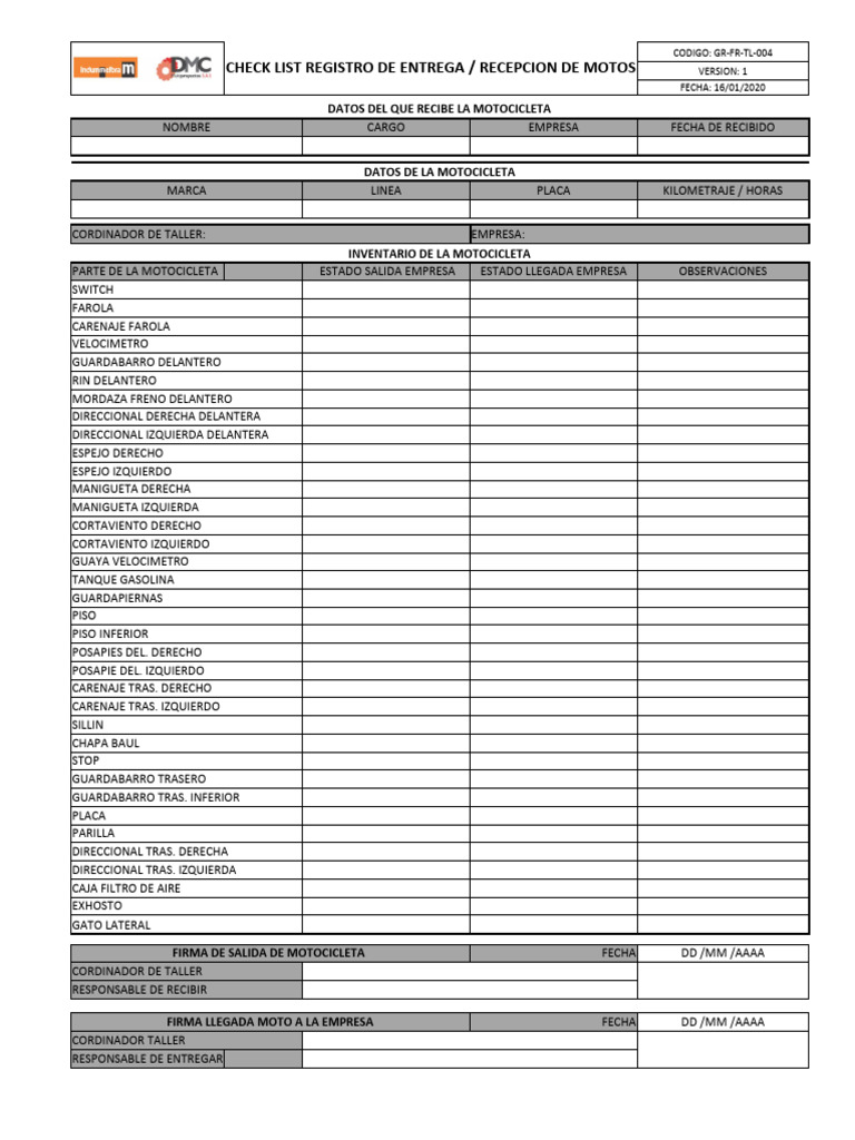 Check List Registro Entrega Recepcion Motos (2) | PDF
